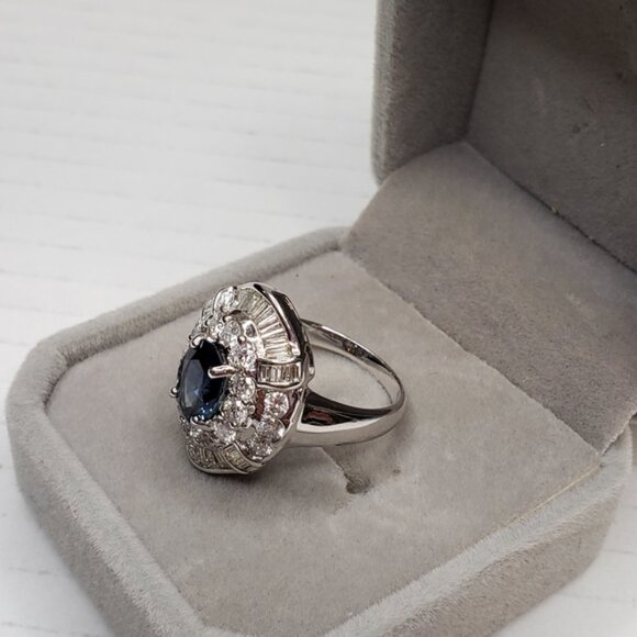 Luxury Blue Sapphire and Diamond In 18k White Gold Ring Classy and Elegant - Picture 6 of 17